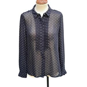 Halogen Sheer Long Sleeve Black & White Polka Dot Blouse Women's Size Small